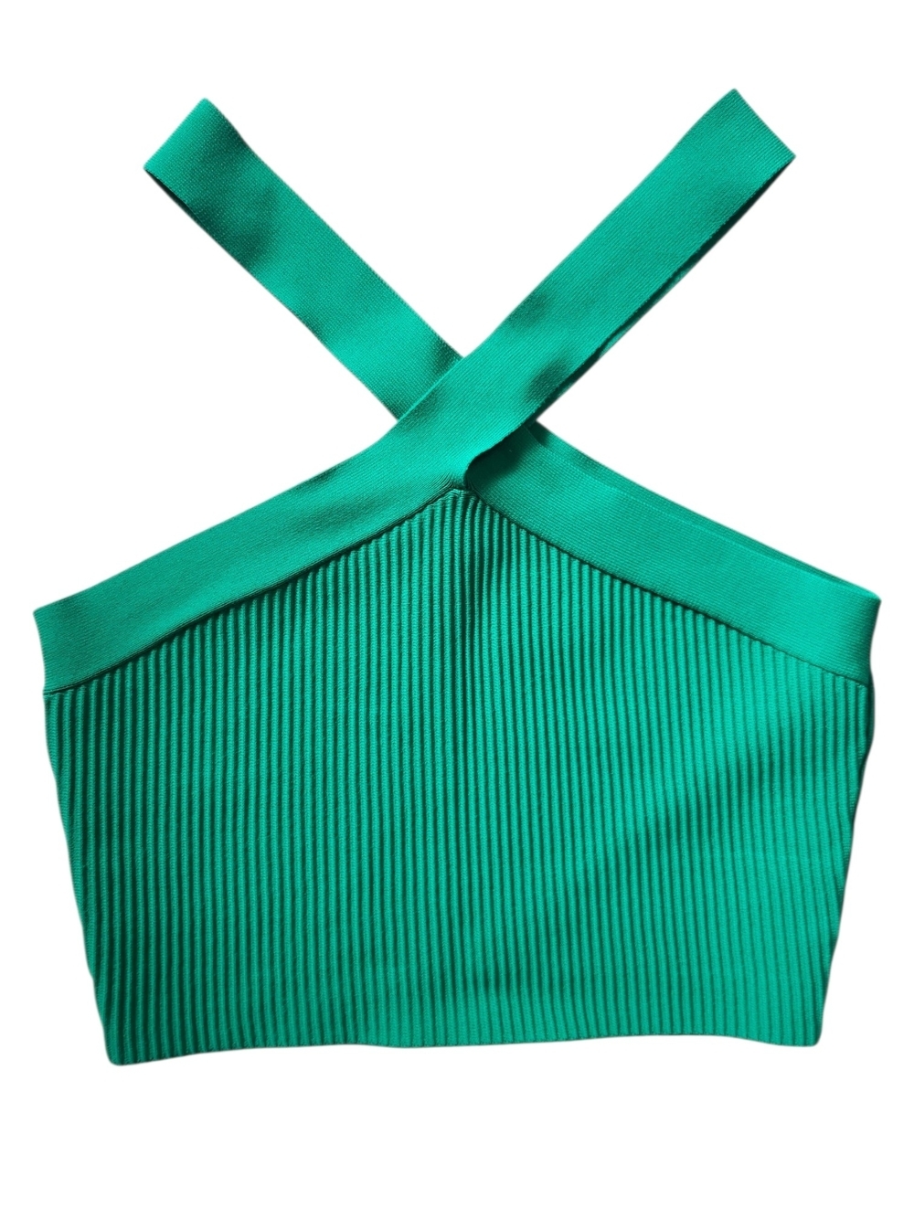 Debut Ribbed Green Cross Neck Crop Top Women's Sleeveless Stretch Knit Tank